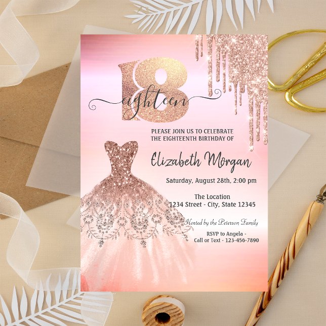Convites Vestido com Gotas de Rosa Dourado 18th (Criador carregado)