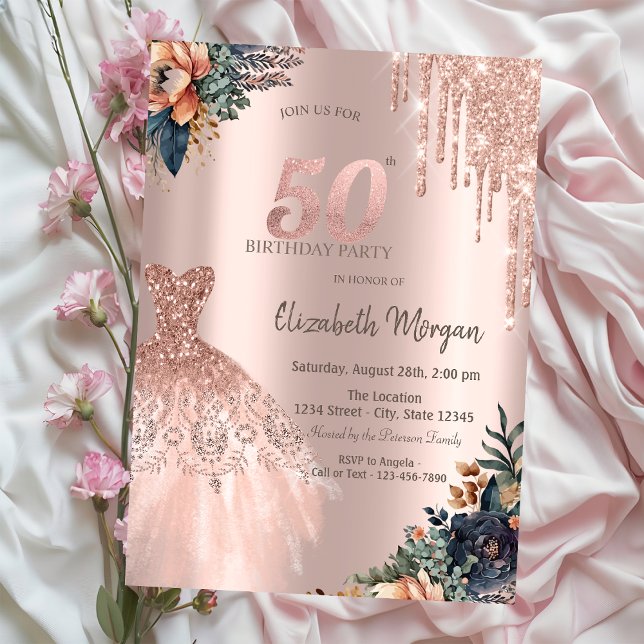 Convites Vestido com Gotas de Rosa Dourado Flores Sombrias  (Criador carregado)