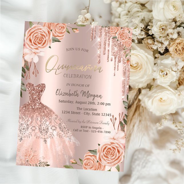 Convites Vestido com Gotejamento de Brilho Dourado Rosa com (Criador carregado)