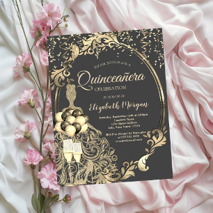 Convites Vestido com Lantejoulas Douradas, Balões Quinceane