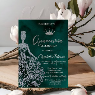 Convites Vestido com Lantejoulas Prateadas, Diamantes Verde
