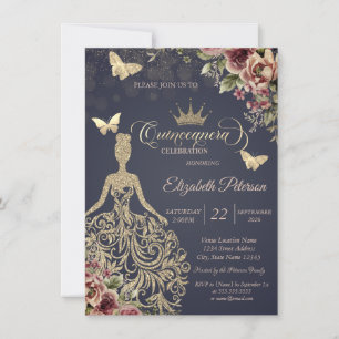 Convites Vestido com Purpurina Dourada, Confetes Florais em