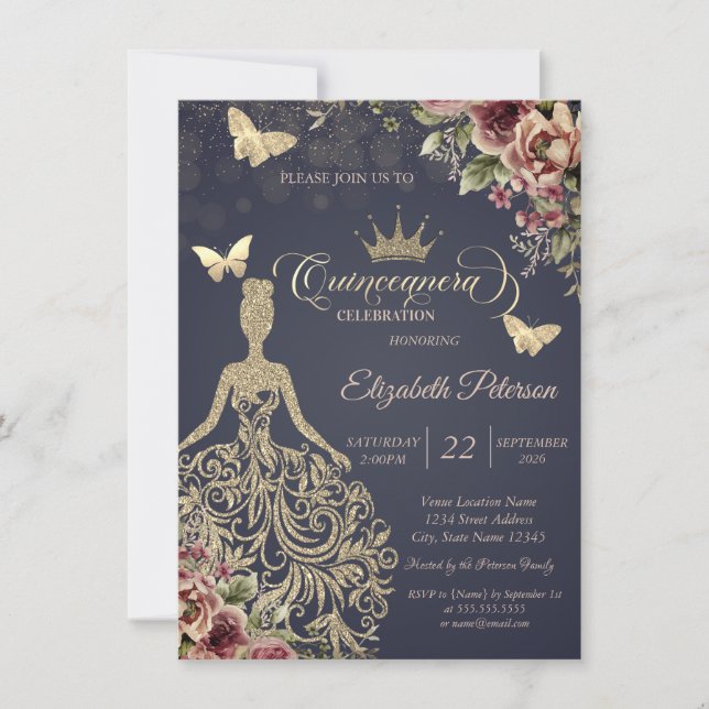 Convites Vestido com Purpurina Dourada, Confetes Florais em (Frente)