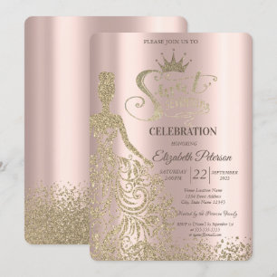 Convites Vestido com Purpurina Dourada, Diamantes Rosa Dour