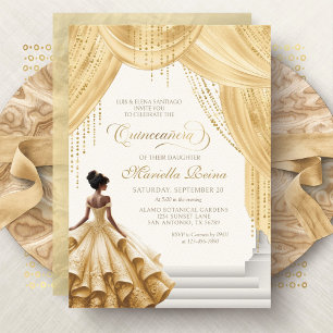 Convites Vestido Conto de Fadas Quinceanera em Ouro Amarelo