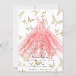 Convites Vestido Coral Dança Borboleta Dourado Chá de Noiva