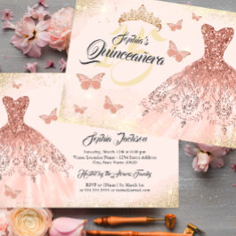 Convites Vestido da Borboleta da Quinceanera Dourada Rosa