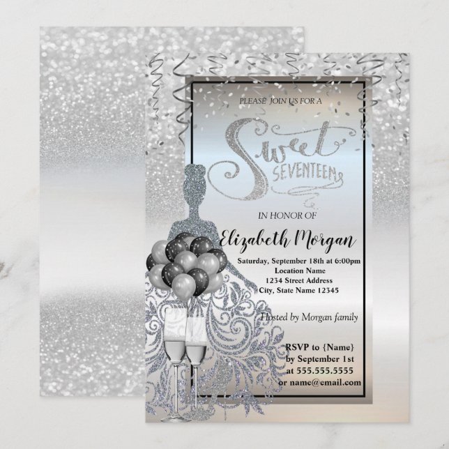 Convites Vestido Da Lente De Prata,Vidro,Ballons Doce 17 (Frente/Verso)