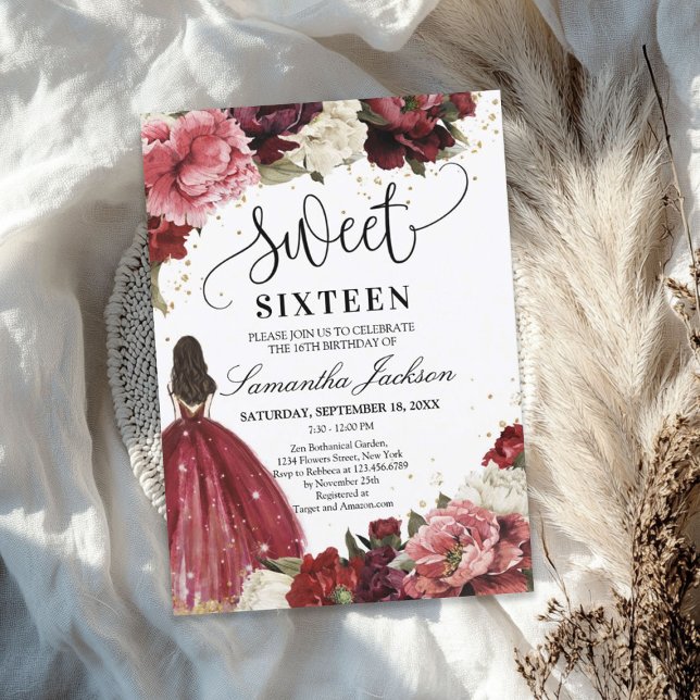 Convites Vestido da princesa das flores de marrom-blush (Blush burgundy maroon flowers princess dress invitation)