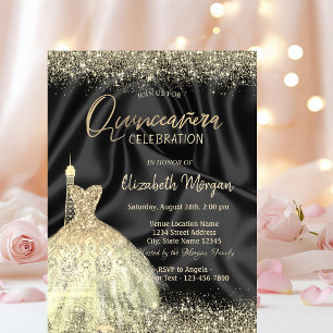 Convites Vestido da Torre Eiffel em Cetim Preto Quinceanera