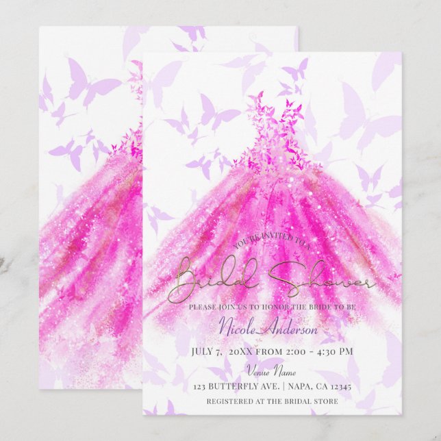 Convites Vestido Dança da Borboleta Roxo e Rosa Chá de Noiv (Frente/Verso)
