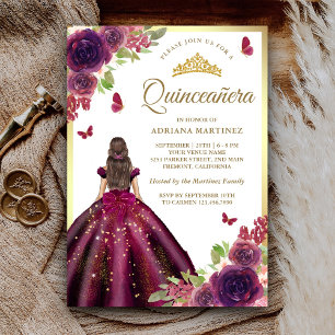 Convites Vestido de Ameixa Floral Borboleta Dourado Quincea