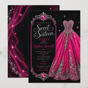 Convites Vestido de Aniversário de 16 Anos Rosa Quente Joia