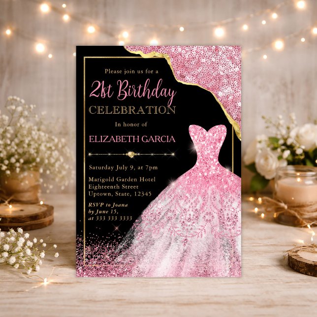 Convites Vestido de aquarela rosa e aniversário de 21 anos  (Criador carregado)