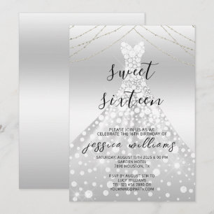 Convites Vestido de Baile com Lantejoulas Prateadas Doce 16