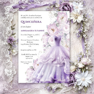 Convites Vestido de Baile Quinceañera Floral Lavanda Elegan