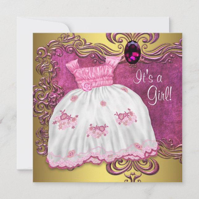 Convites Vestido de Bebê Rosa e Dourado Chás de Bebê (Frente)