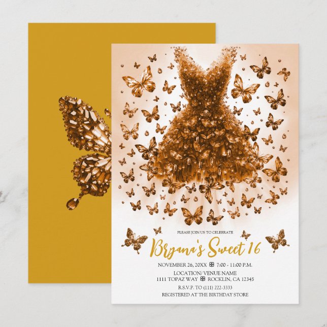 Convites Vestido de Borboleta de Cristal Topázio com Pedra  (Frente/Verso)