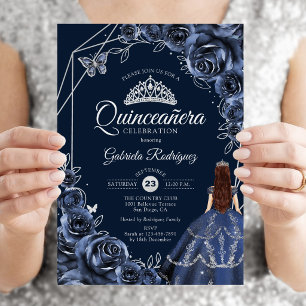 Convites Vestido de Borboleta Prateada Marinho de Quinceane