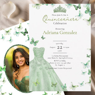 Convites Vestido de Borboletas em Verde Salvia Tiara Quince