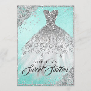 Convites Vestido de Brilho de Diamante Prata Verde-azulado