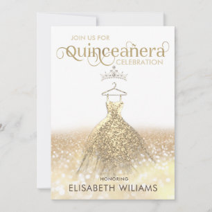 Convites Vestido de brilho Dourado ombre tiara Quinceañera