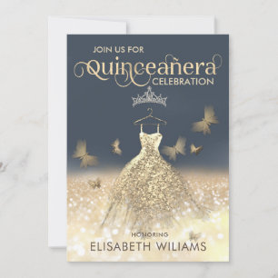Convites Vestido de brilho Dourado ombre tiara Quinceañera