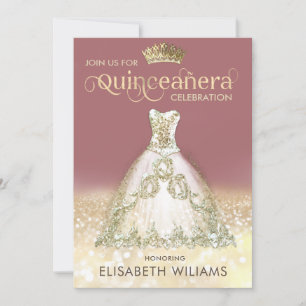 Convites Vestido de brilho Dourado ombre tiara Quinceañera