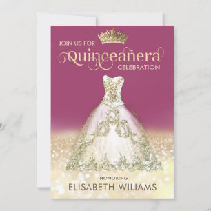 Convites Vestido de brilho Dourado ombre tiara Quinceañera