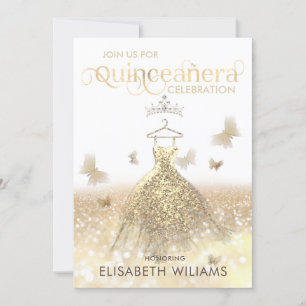 Convites Vestido de brilho Dourado ombre tiara Quinceañera