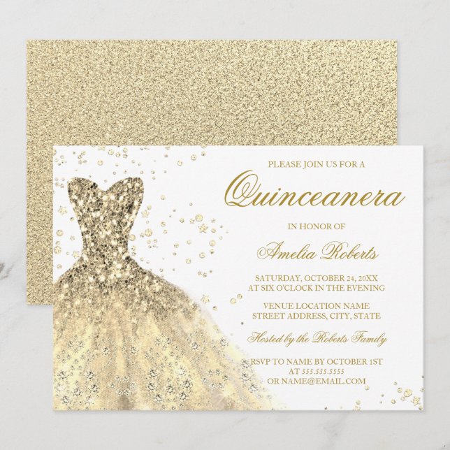 Convites Vestido de Brilho Dourado Quinceanera Festa (Frente/Verso)