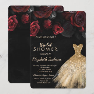 Convites Vestido de Brilho Dourado Rosas Vermelhas Chuva de