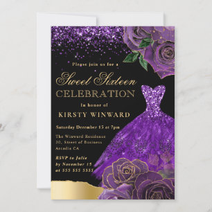 Convites Vestido de Brilho Roxo e Dourado Glam Rosas Doce 1