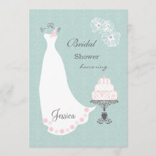 Convites Vestido de casamento branco, bolo no chá de panel