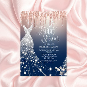 Convites Vestido de Casamento com Glitter do Marinho Dourad