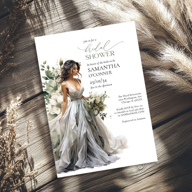 Convites Vestido de casamento de eucalipto de boho verde mo (Modern boho greenery eucalyptus wedding gown invitation)