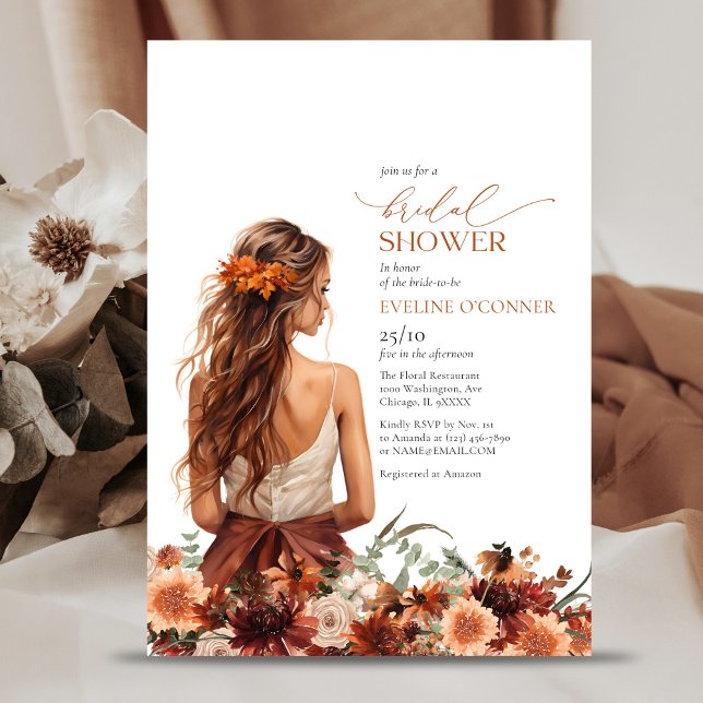 Convites Vestido de casamento de flores de terracotta de aq (Simple watercolor terracotta flowers wedding gown invitation)