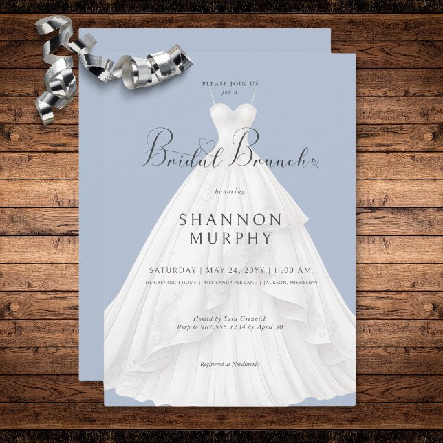 Convites Vestido de casamento moderno em Blue Bridal Brunch (Modern Wedding Dress on Blue Bridal Brunch Invitation)