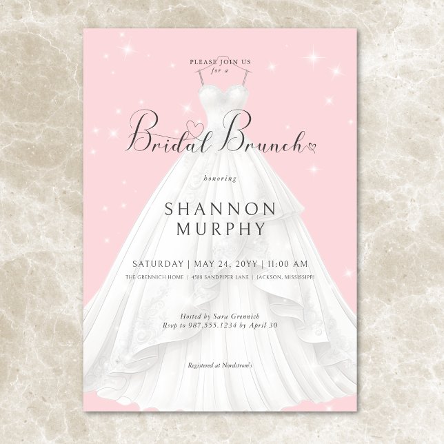 Convites Vestido de casamento moderno em Bridal Bridal Rosa (Modern Wedding Dress on Pink Sparkle Bridal Brunch Invitation)