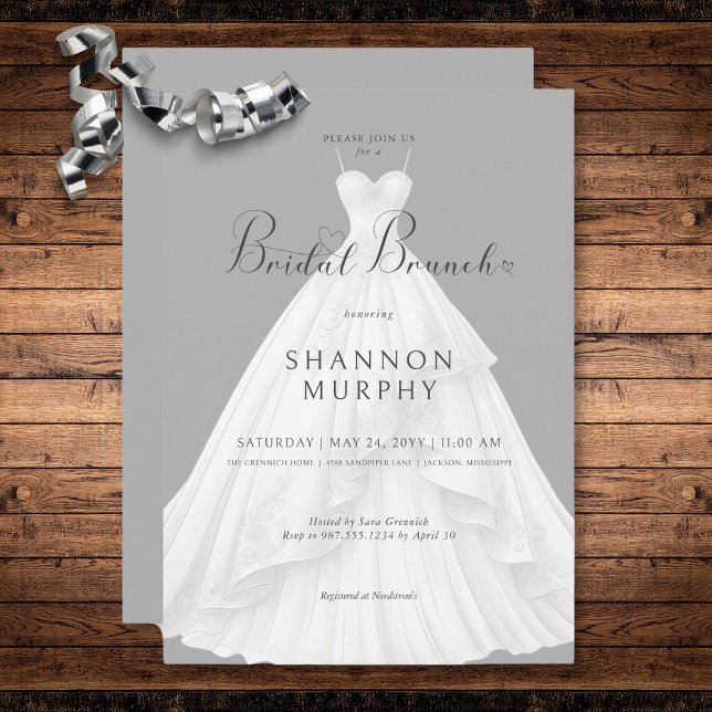 Convites Vestido de casamento moderno em Brunch Cinza (Modern Wedding Dress on Gray Bridal Brunch Invitation)