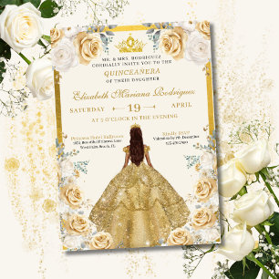 Convites Vestido de Champagne Dourado Tiara Princesa Quince