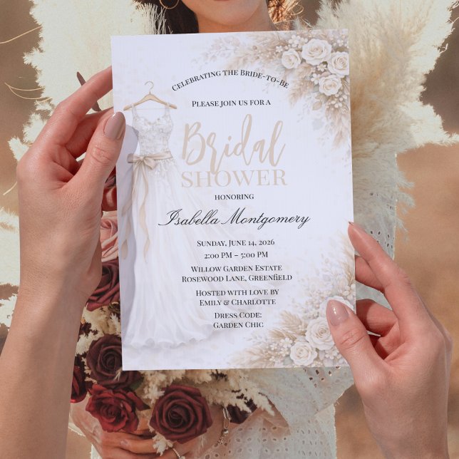 Convites Vestido de Dama de Honra com Grama das Pampas Fest (Pampas Grass Bridesmaid Dress Bridal Shower Invitation
)