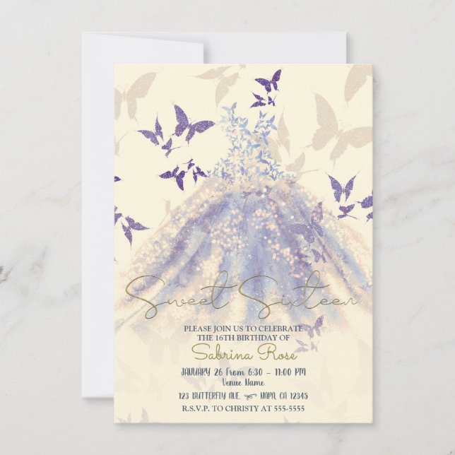 Convites Vestido de Dança Borboleta Marfim Roxo Azul Doce 1 (Frente)