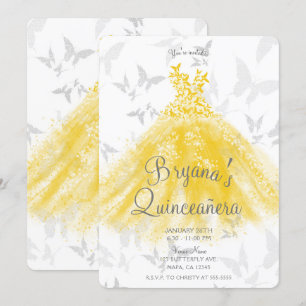 Convites Vestido de Dança Borboleta Prata Amarela Quinceañe
