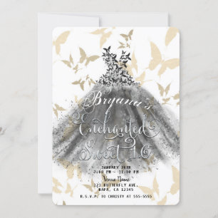 Convites Vestido de Dança Borboleta Preto Dourado Doce 16