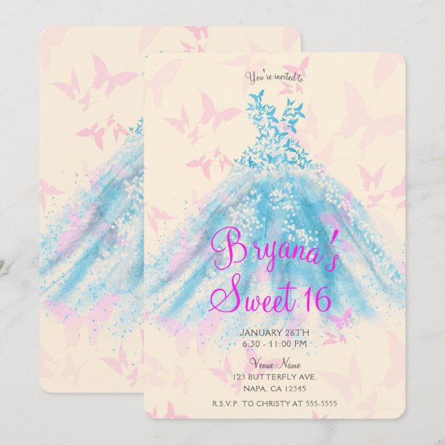 Convites Vestido de Dança Borboleta Rosa e Azul Doce 16 Fes (Frente/Verso)