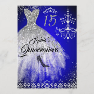 Convites Vestido de Diamante Brilhante Azul Prata Quinceane
