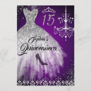 Convites Vestido de Diamante Brilhante Roxo Prata Quinceane