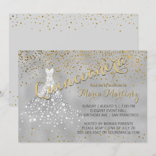 Convites Vestido de Diamante Dourado de Prata Quinceanera C