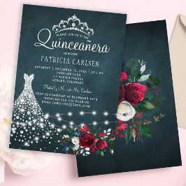 Convites Vestido de diamante e tiara floral elegante quince